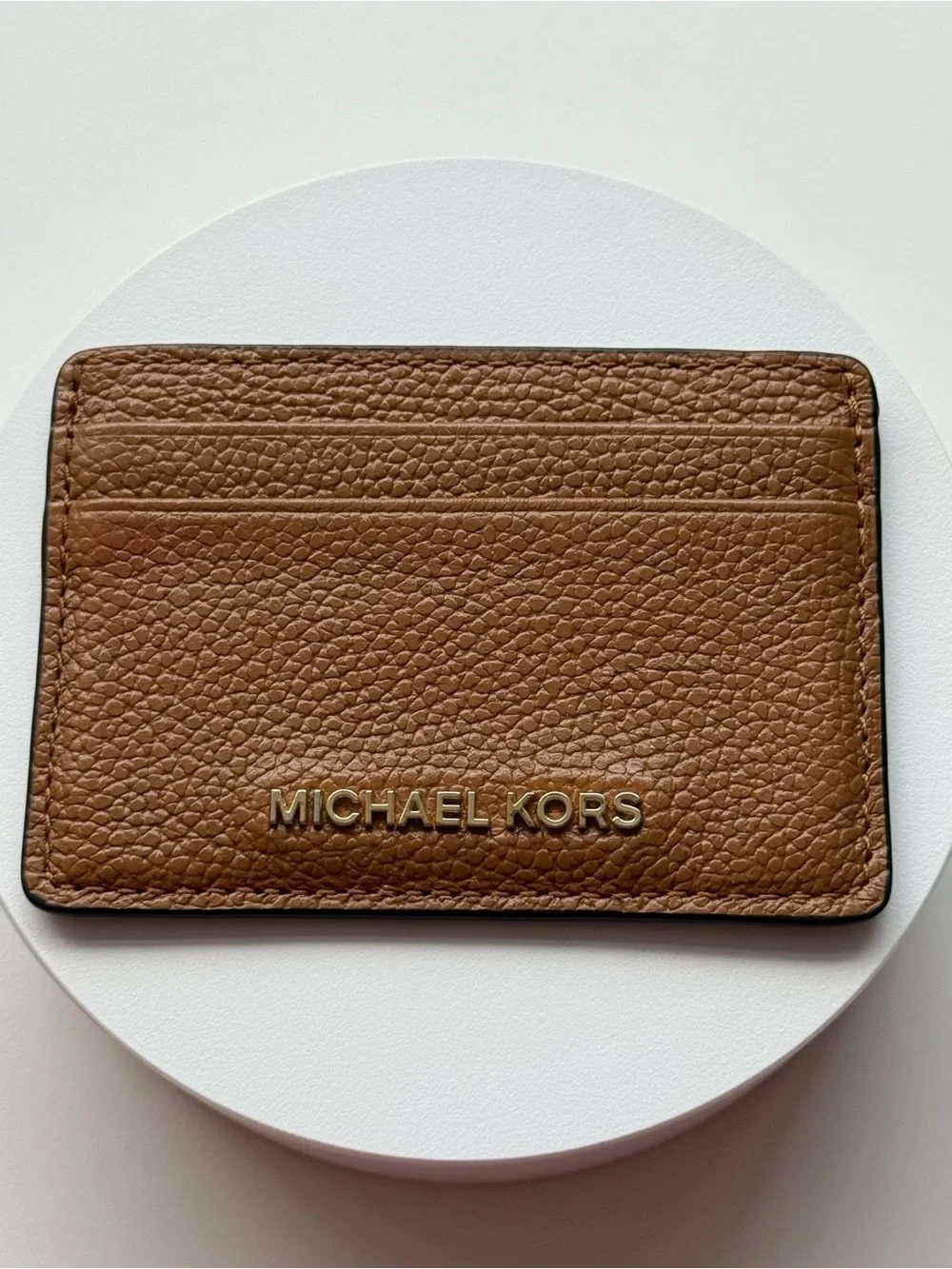 Michael Kors Tan Pebbled Leather Card Holder with Gold Logo